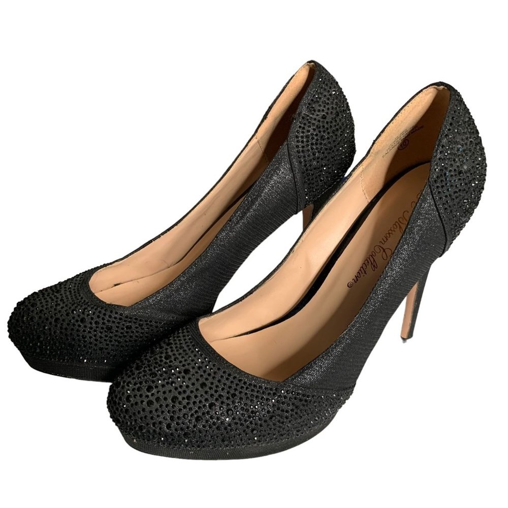 De Blossom Collection Jennifer Platform Heels 10 Black Rhinestones Stilettos